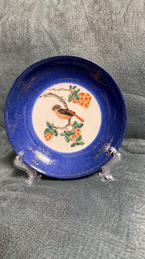 古玩陶瓷五彩灑蘭花鳥盤真品鑒賞圖