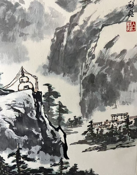 古玩字畫國畫大師白雪石之子老中美協會員白啟哲山水斗方拍賣，當前價格3000元