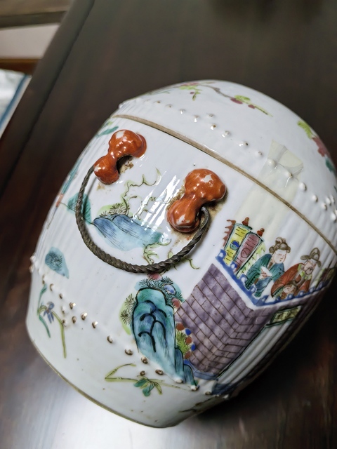 古玩陶瓷粉彩空城計四系粥罐真品鑒賞圖