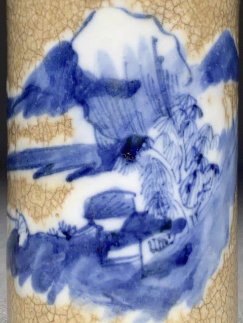 古玩陶瓷哥釉青花山水紋筆筒真品鑒賞圖