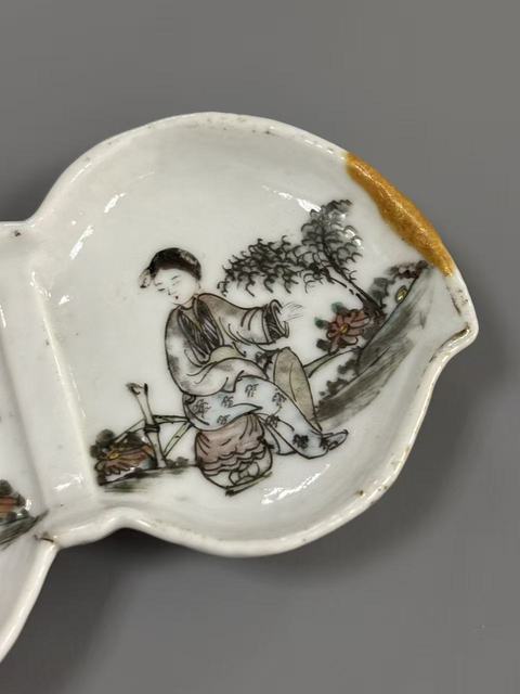 古玩陶瓷民國 粉彩桃花仕女桃形洗真品鑒賞圖