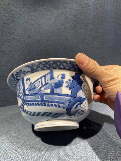 古玩陶瓷青花仕女人物故事紋折沿大碗真品鑒賞圖