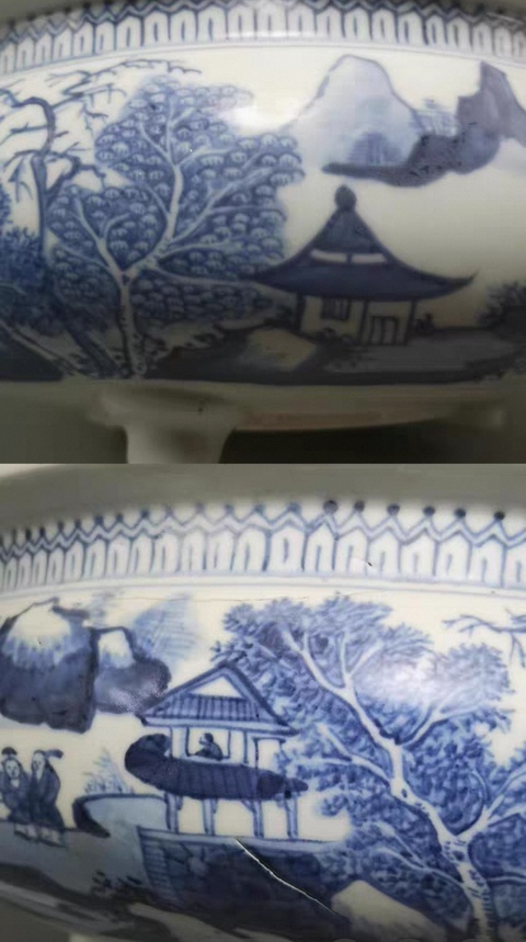 古玩陶瓷德化窯青花三足山水紋香爐真品鑒賞圖