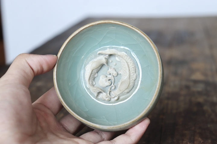 古玩陶瓷館藏級精品南宋龍泉青瓷粉青芒口盞拍賣，當前價格8800元