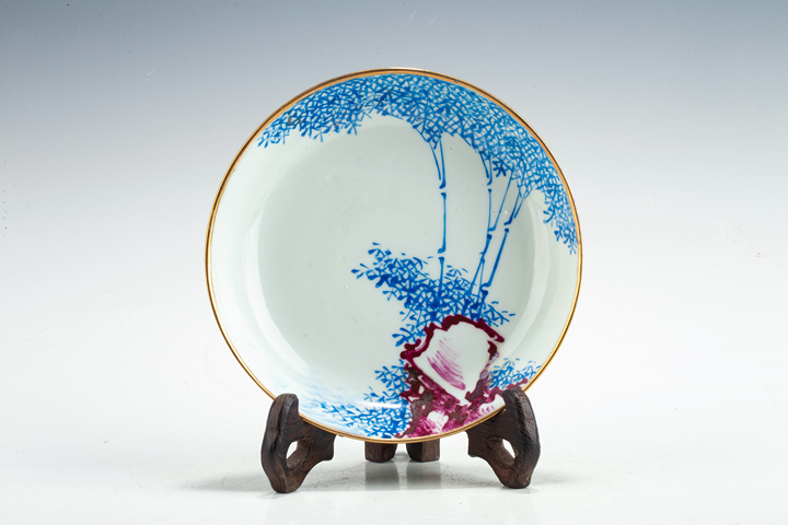 古玩陶瓷民國(guó)·料彩墨石竹影紋盤(pán)真品鑒賞圖