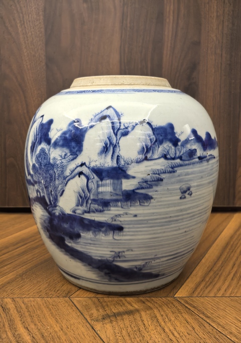 古玩陶瓷山水紋青花罐真品鑒賞圖