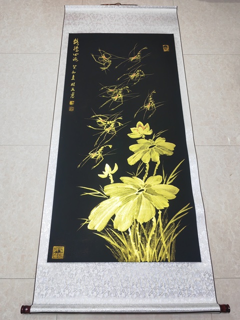 古玩字畫石聯(lián)海荷花群蝦圖立軸真品鑒賞圖
