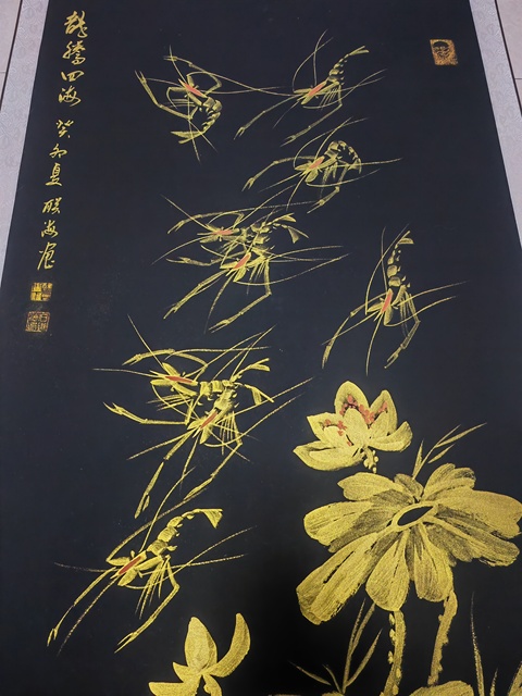 古玩字畫石聯(lián)海荷花群蝦圖立軸真品鑒賞圖