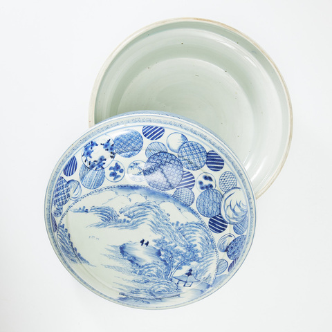 古玩陶瓷青花開(kāi)光山水人物粉盒真品鑒賞圖