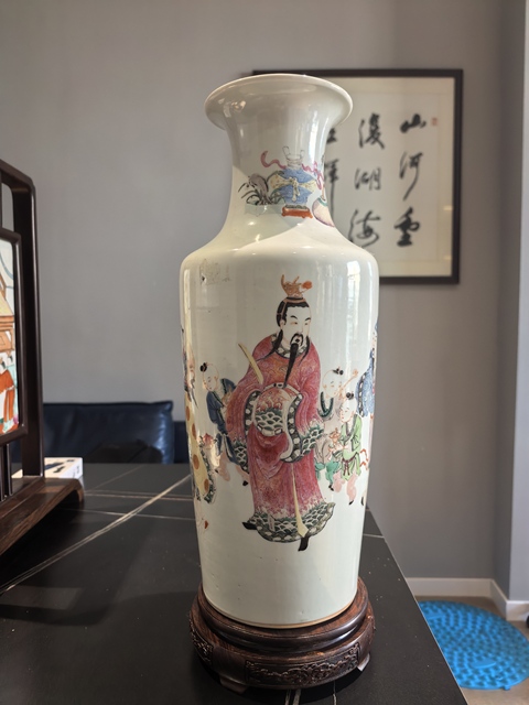 古玩陶瓷清末民初·粉彩福祿壽三星報喜圖軟棒槌瓶拍賣，當前價格39999元