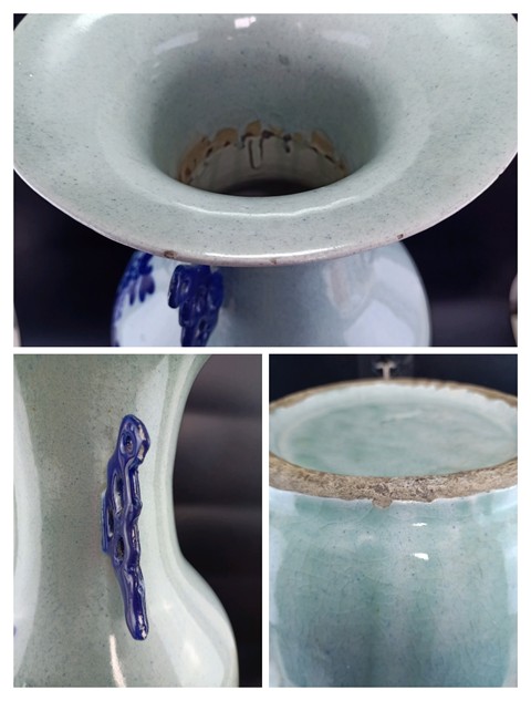 古玩陶瓷【精品】清晚期 豆青釉青花花卉紋雙耳大瓶【傳世佳品】【頂級釉水】【尺寸碩大】【太漂亮了】拍賣，當前價格0元