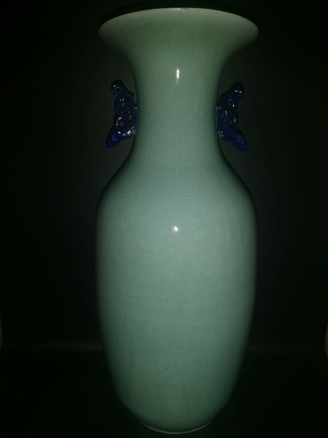 古玩陶瓷清晚期 豆青釉青花花卉紋雙耳大瓶真品鑒賞圖