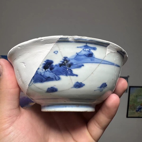 古玩陶瓷青花山水紋碗真品鑒賞圖