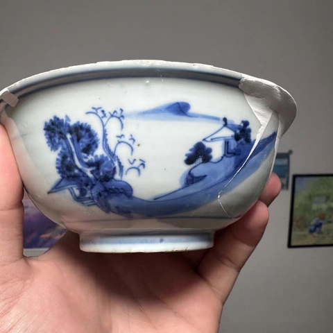 古玩陶瓷青花山水紋碗真品鑒賞圖