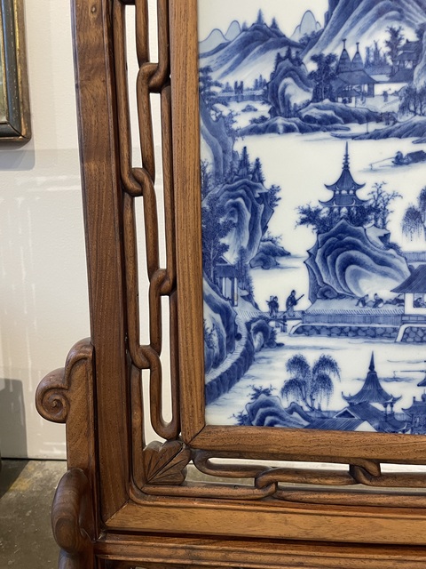 古玩陶瓷樓臺亭閣山水紋青花瓷板畫真品鑒賞圖