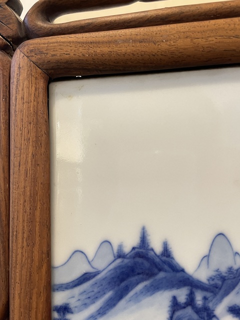 古玩陶瓷樓臺亭閣山水紋青花瓷板畫真品鑒賞圖