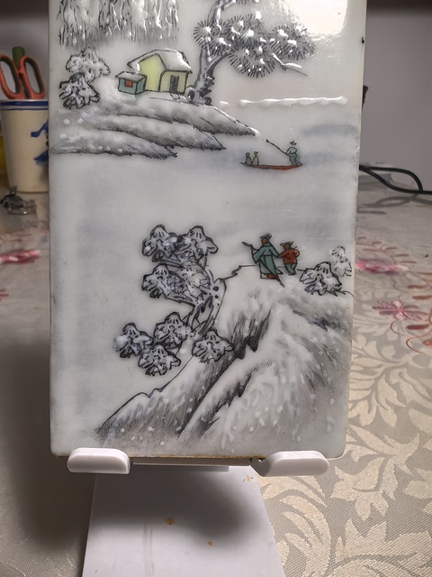 古玩陶瓷粉彩雪景山水瓷板真品鑒賞圖