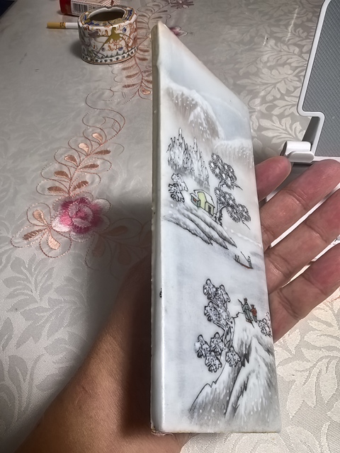 古玩陶瓷粉彩雪景山水瓷板真品鑒賞圖