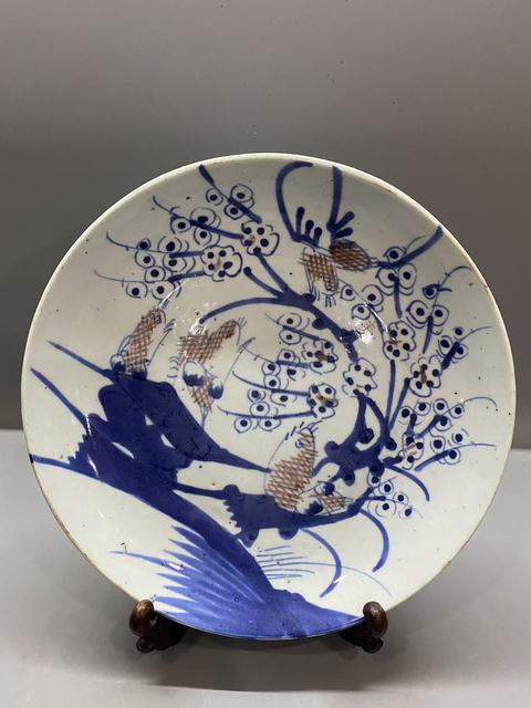 古玩陶瓷青花釉里紅喜鵲登梅盤真品鑒賞圖