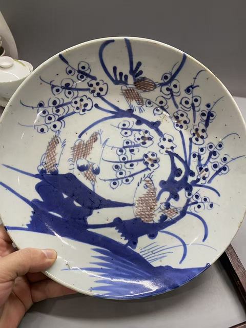 古玩陶瓷青花釉里紅喜鵲登梅盤真品鑒賞圖