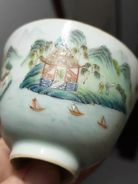 古玩陶瓷潯陽秋泊粉彩杯真品鑒賞圖