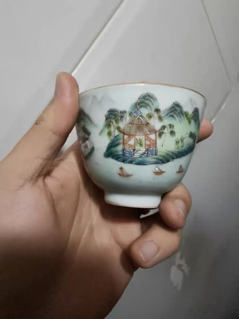 古玩陶瓷潯陽秋泊粉彩杯真品鑒賞圖
