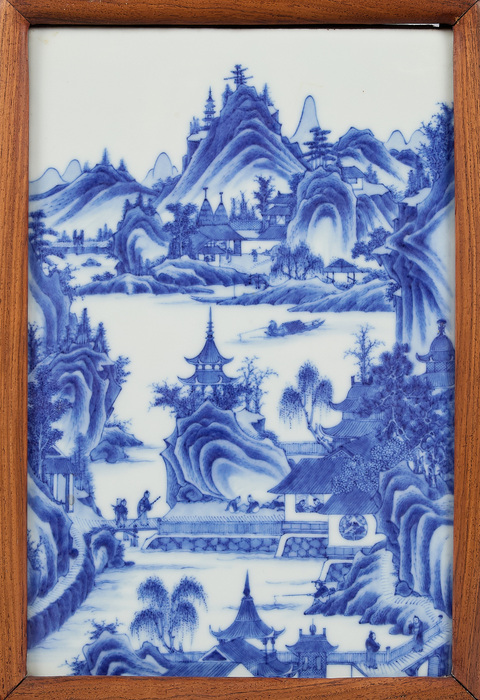 古玩陶瓷民國 青花山水人物紋瓷板真品鑒賞圖