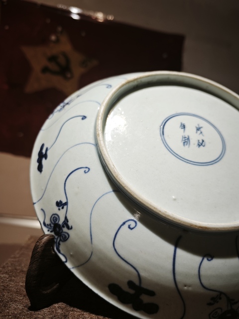 古玩陶瓷青花茶花靈芝紋大盤真品鑒賞圖