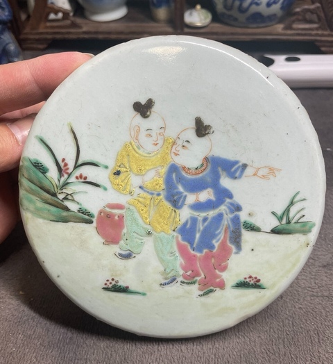 古玩陶瓷嬰戲紋粉彩蓋真品鑒賞圖