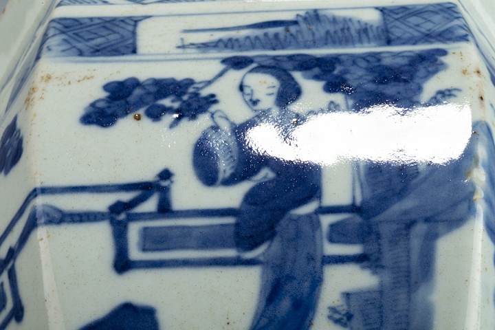 古玩陶瓷清晚·青花仕女花卉紋六方案缸拍賣，當前價格1764元