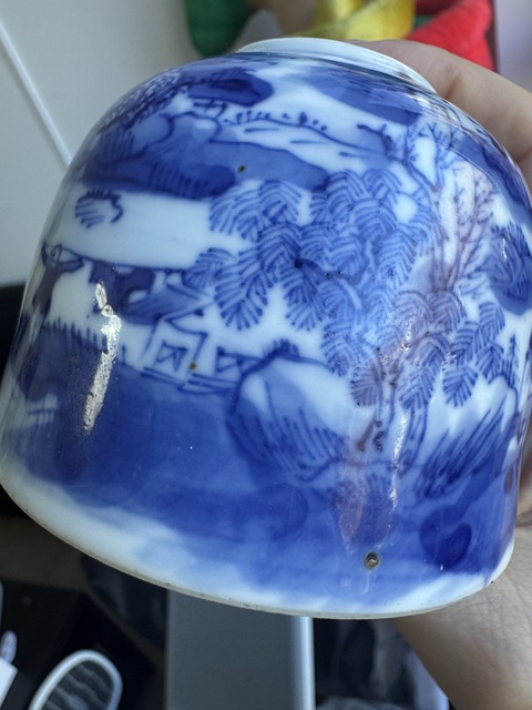 古玩陶瓷清晚期 青花山水人物紋水盂真品鑒賞圖