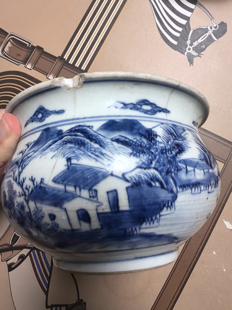 古玩陶瓷清雍正山水紋青花圈足缽式香爐拍賣，當前價格5980元