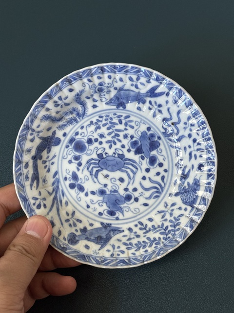 古玩陶瓷清·康熙鯉桂鰱鳙蟹藻紋青花盤拍賣，當前價格1500元