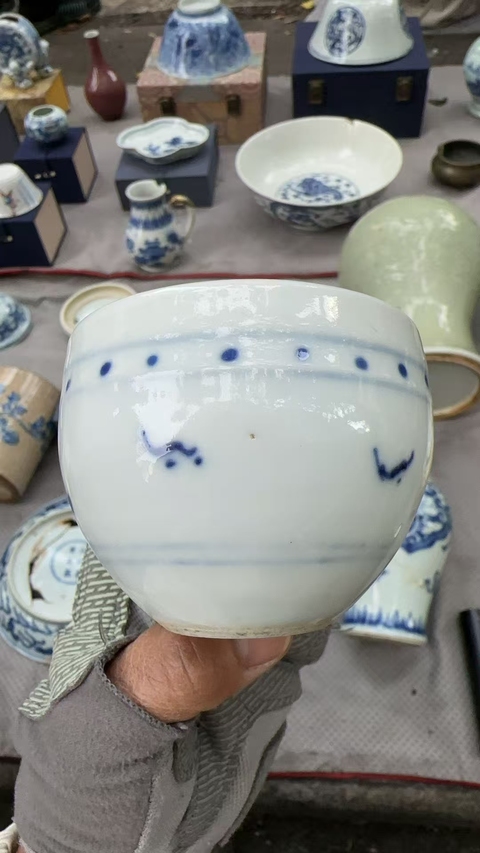 古玩陶瓷山水紋青花鼓釘洗真品鑒賞圖