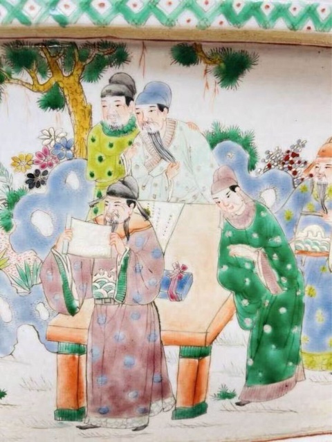 古玩陶瓷五彩人物故事紋花盆真品鑒賞圖