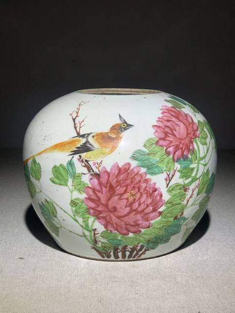 古玩陶瓷粉彩花鳥詩文西瓜罐拍賣，當前價格1200元