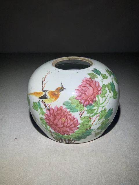 古玩陶瓷粉彩花鳥詩文西瓜罐拍賣，當前價格1200元