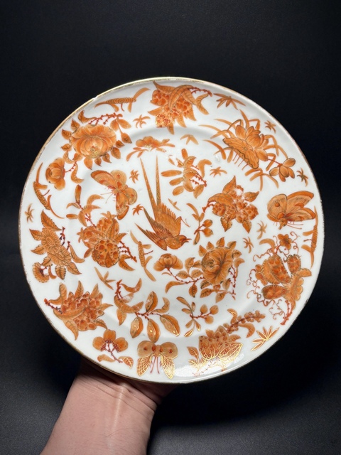 古玩陶瓷礬紅花鳥紋折腰盤真品鑒賞圖