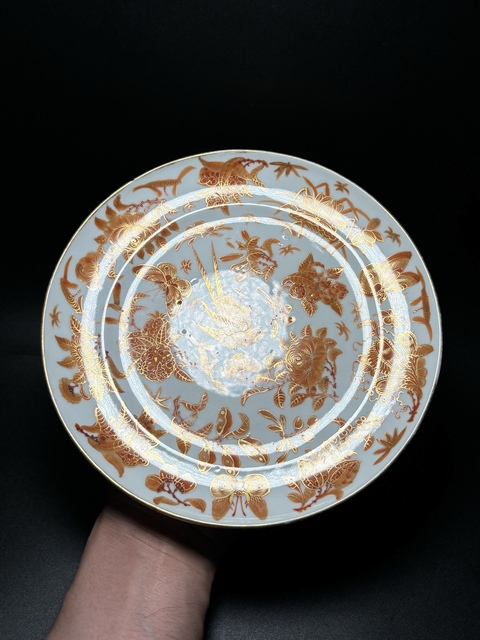 古玩陶瓷礬紅花鳥紋折腰盤真品鑒賞圖