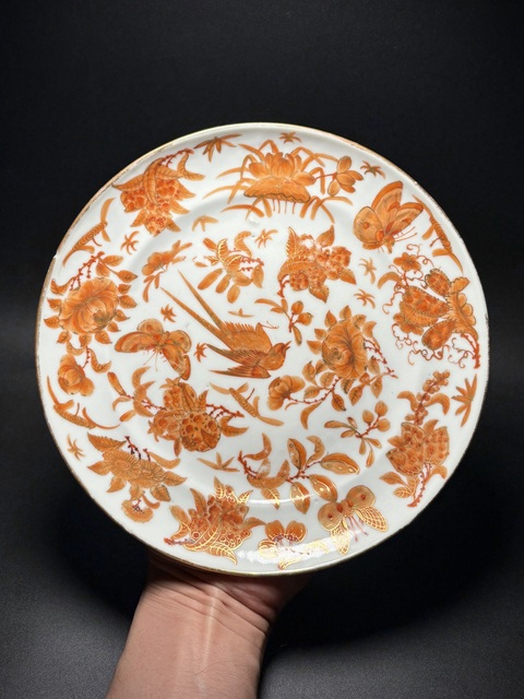 古玩陶瓷礬紅花鳥紋折腰盤真品鑒賞圖