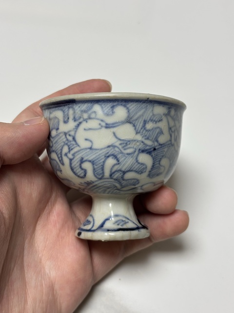 古玩陶瓷晚明青花鐵線描高足杯真品鑒賞圖