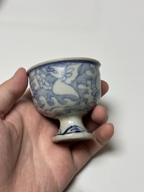 古玩陶瓷晚明青花鐵線描高足杯真品鑒賞圖