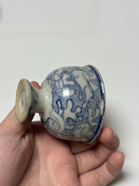 古玩陶瓷晚明青花鐵線描高足杯真品鑒賞圖