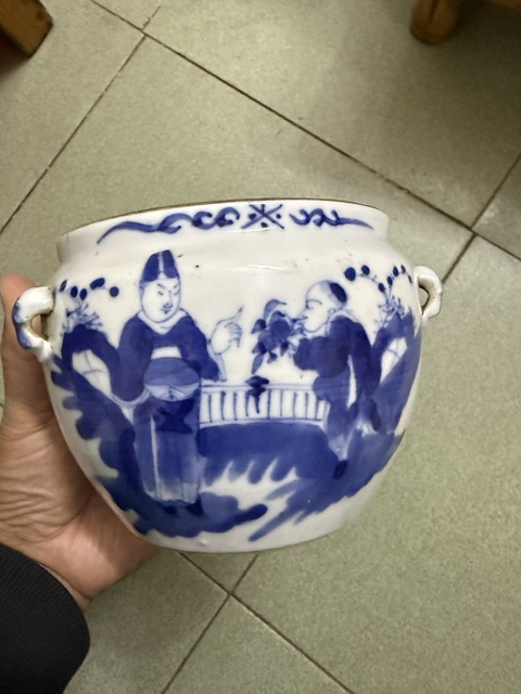 古玩陶瓷陶淵明愛菊圖青花四系粥罐真品鑒賞圖