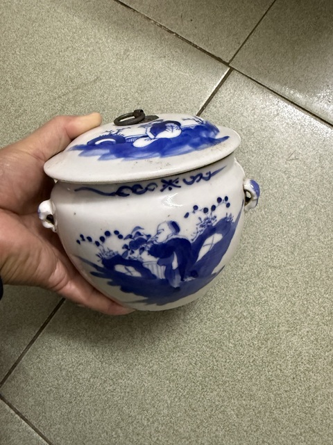 古玩陶瓷陶淵明愛菊圖青花四系粥罐真品鑒賞圖