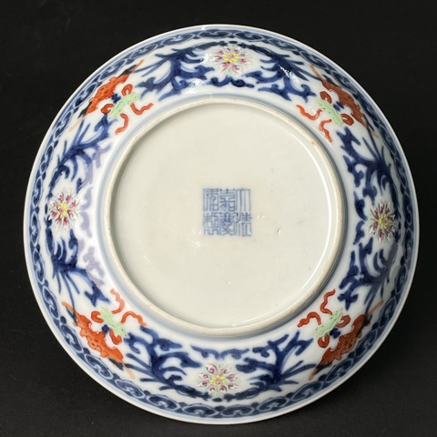 古玩陶瓷青花加彩福壽紋盤真品鑒賞圖