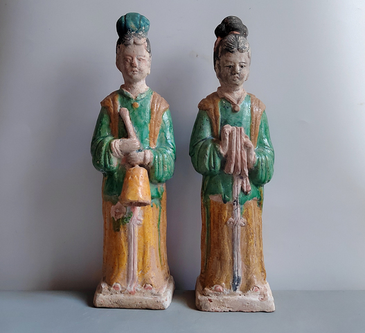 古玩陶瓷明代三彩仕女俑一對拍賣，當前價格152元