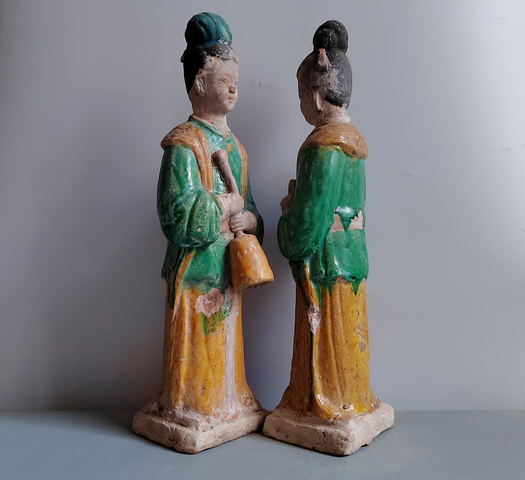 古玩陶瓷明代三彩仕女俑一對拍賣，當前價格152元