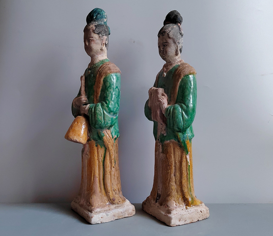 古玩陶瓷明代三彩仕女俑一對拍賣，當前價格152元