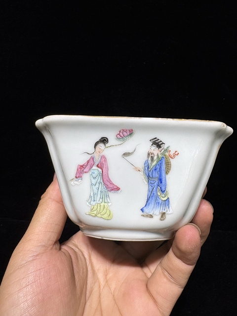 古玩陶瓷民國 粉彩八仙紋四方倭角碗真品鑒賞圖